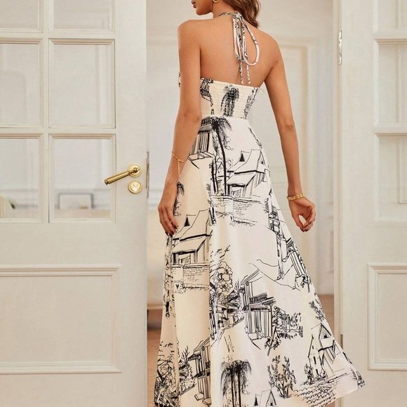 Landscape Print Tie Backless Halter Dress - Picture 3 of 5
